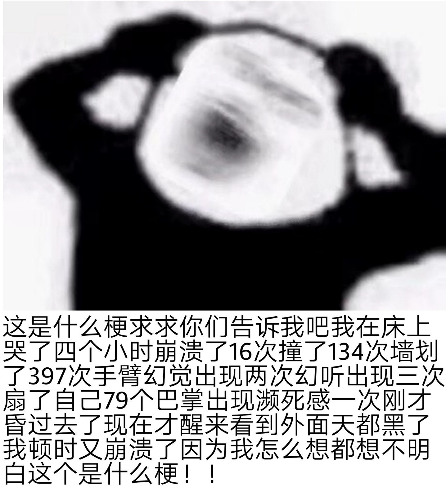 这是什么梗求求你们告诉我吧我在床上哭了四个小时崩溃了16次撞了134次墙划了397次手臂幻觉出现两次幻听出现三次扇了自己79个巴掌出现濒死感一次刚才昏过去了现在才醒来看到外面天都黑了我顿时又崩溃了因为我怎么想都想不明白这个是什么梗!!