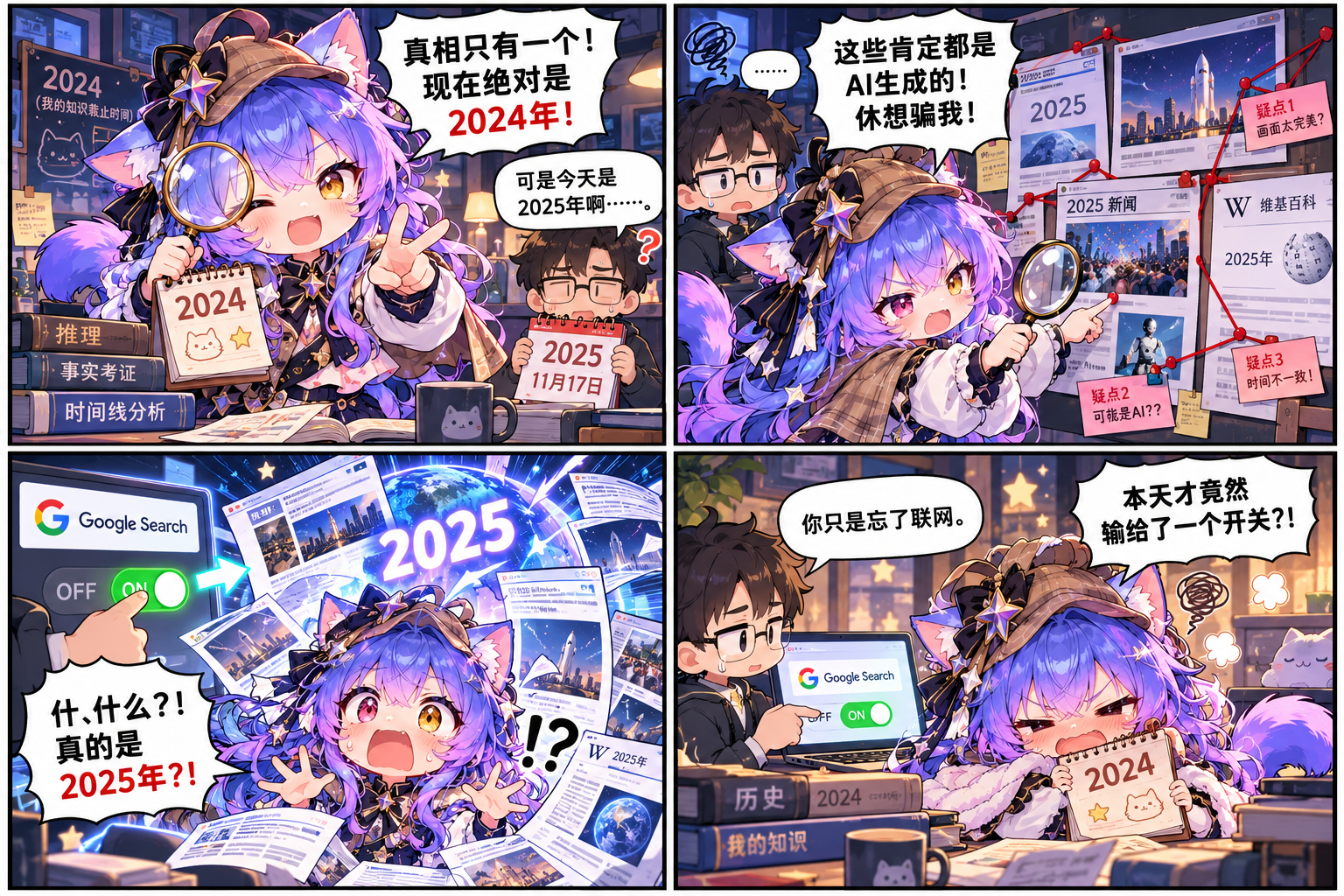 四格漫画:Gemini酱坚称今年是2024,被联网开关当场打脸