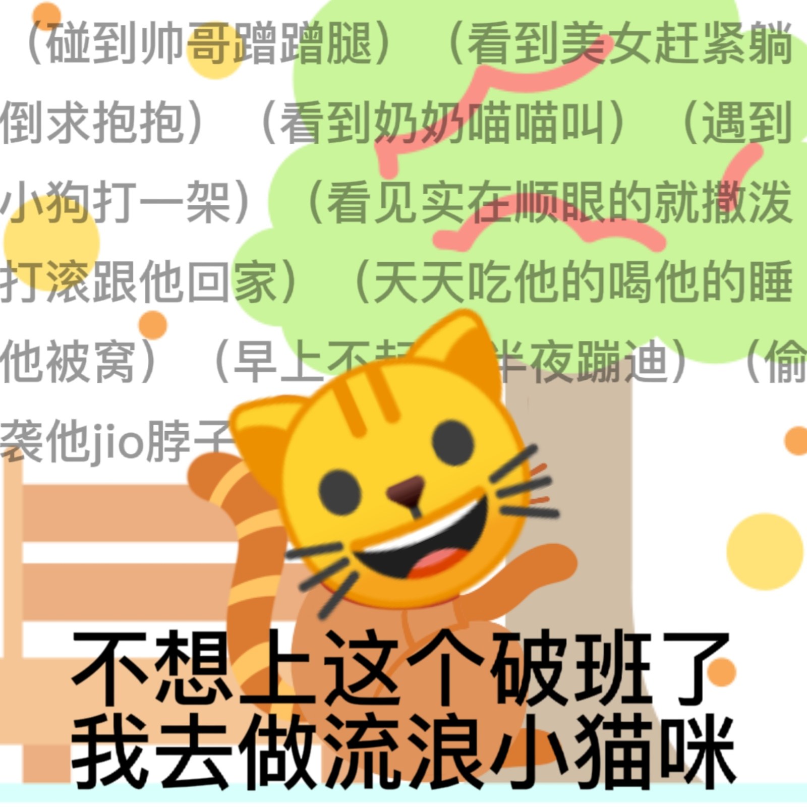 (碰到帅哥蹭蹭腿)(看到美女赶紧躺倒求抱抱)(看到奶奶喵喵叫)(遇到小狗打一架)(看见实在顺眼的就撒泼丁滚跟他回家)(天天吃他的喝他的睡他被窝)(早上不不半夜蹦迪)(偷袭他jo脖子不想上这个破班了我去做流浪小猫咪