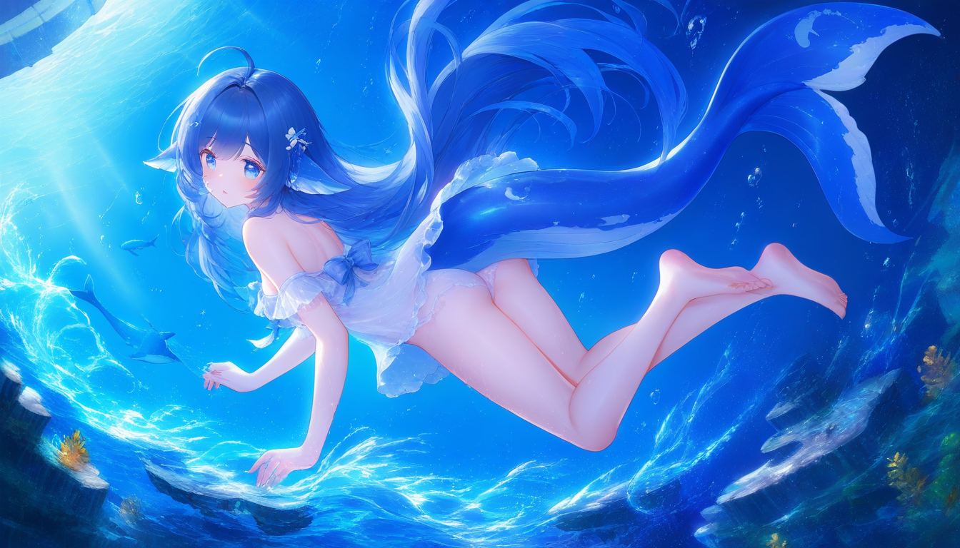 潜入蓝色水底的鲸尾少女
